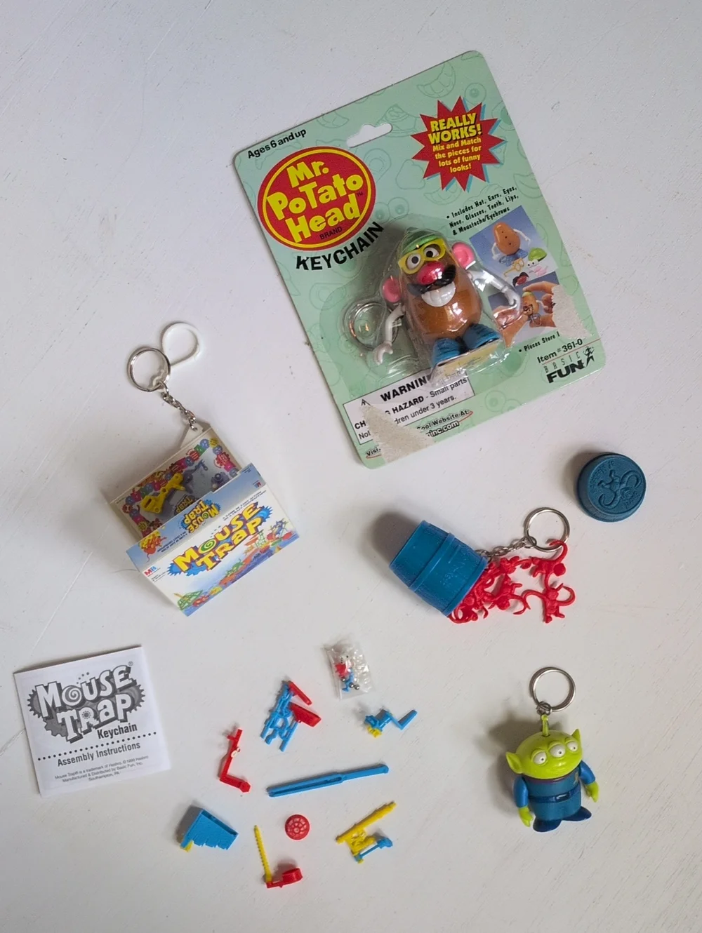 Vintage Keychains - Basic Fun, Barrel Of Monkeys, Mouse Trap, Mr. Potato Head